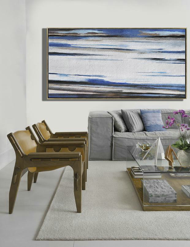 Large Abstract Art,Hand Painted Panoramic Abstract Painting,Artwork For Sale,White,Blue,Brown.etc